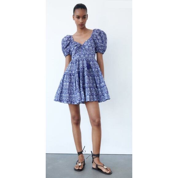 ZARA Printed Puff Sleeve Peasant Mini Dress Blue Tassel Tie Smocked Women's S - Picture 7 of 10